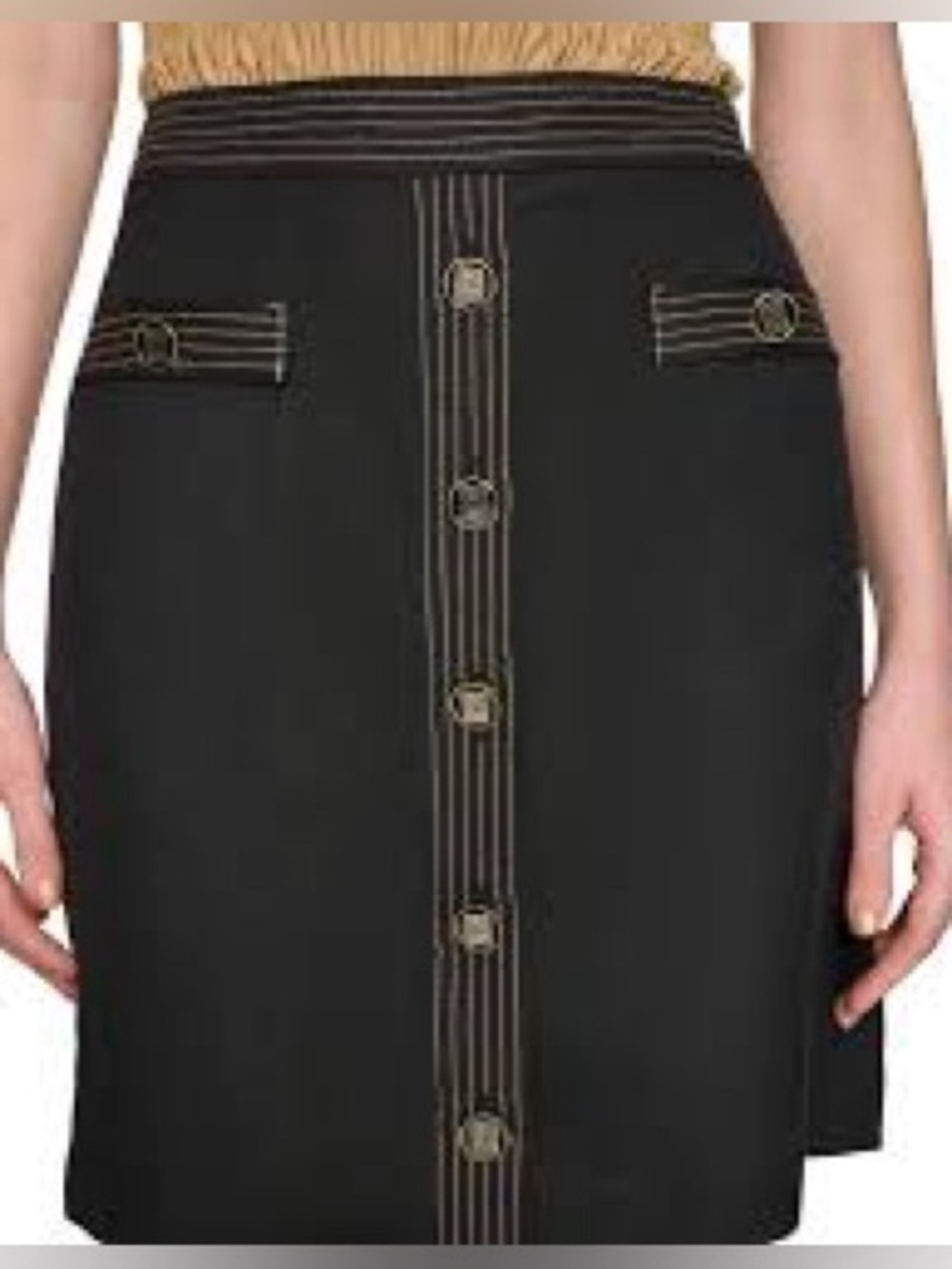 Karl Lagerfeld Paris Black Linen Blend Trapunto Stitch Logo Button Mini Skirt 10